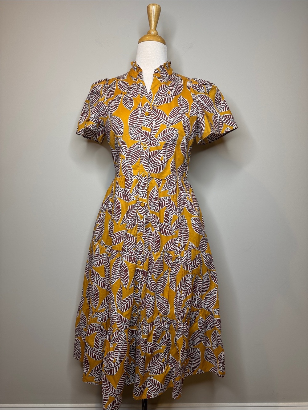 Mustard Leaf-Print Short Sleeve Midi Dress